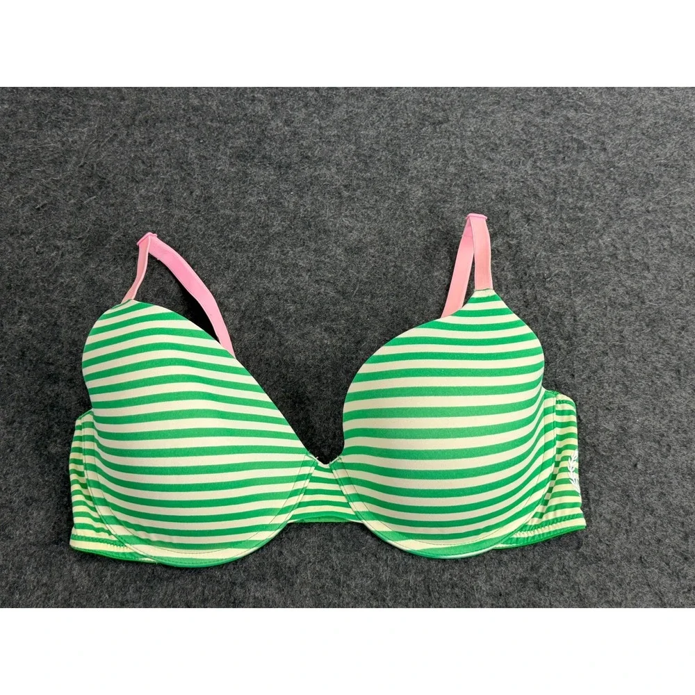Victoria's Secret PINK T-Shirt Bra Women 34DD Green Striped Great Condition